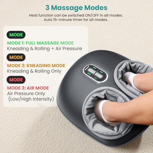 Shiatsu Foot Massager with Heat [2026 Upgraded], 3 Modes Deep Kneading Therapy Air Compression
