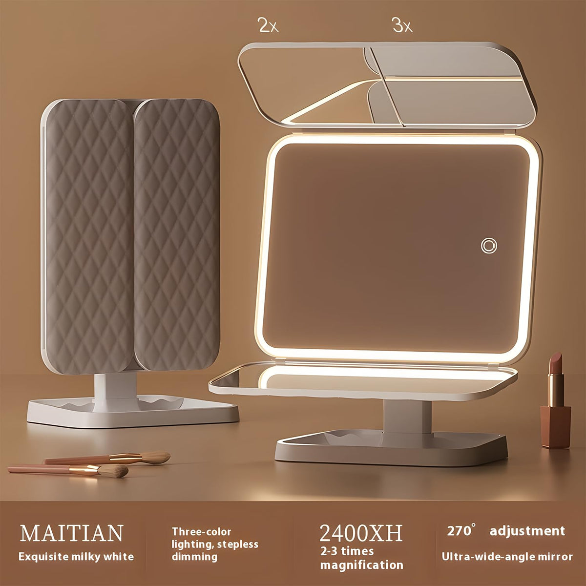 Triple fold up, Down, Left, Right Adjustment Three Light Source Makeup Mirror