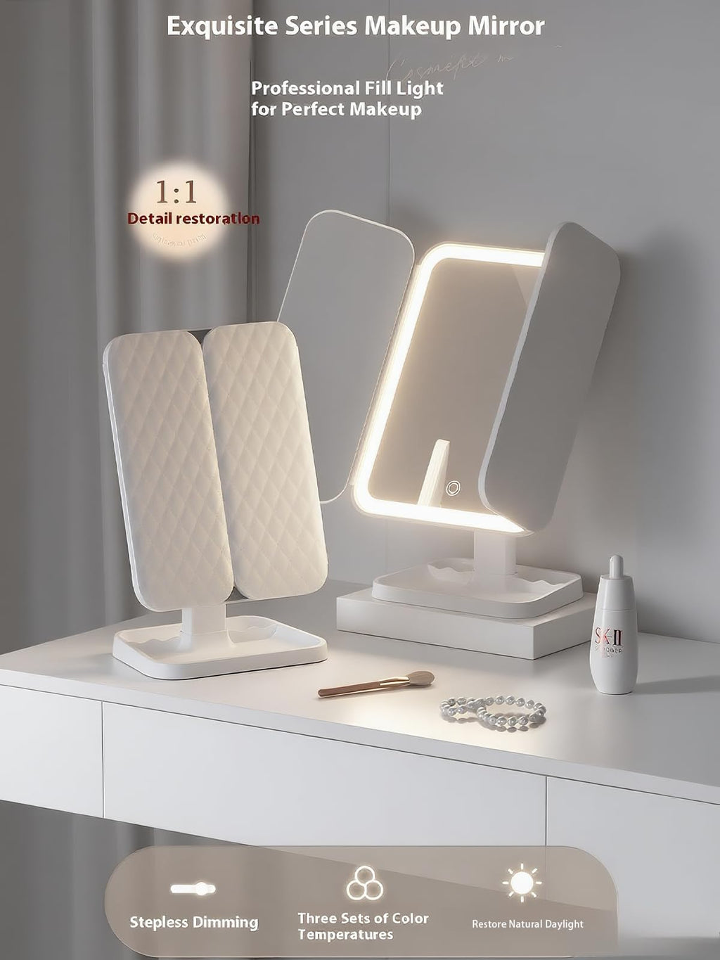 Triple fold up, Down, Left, Right Adjustment Three Light Source Makeup Mirror