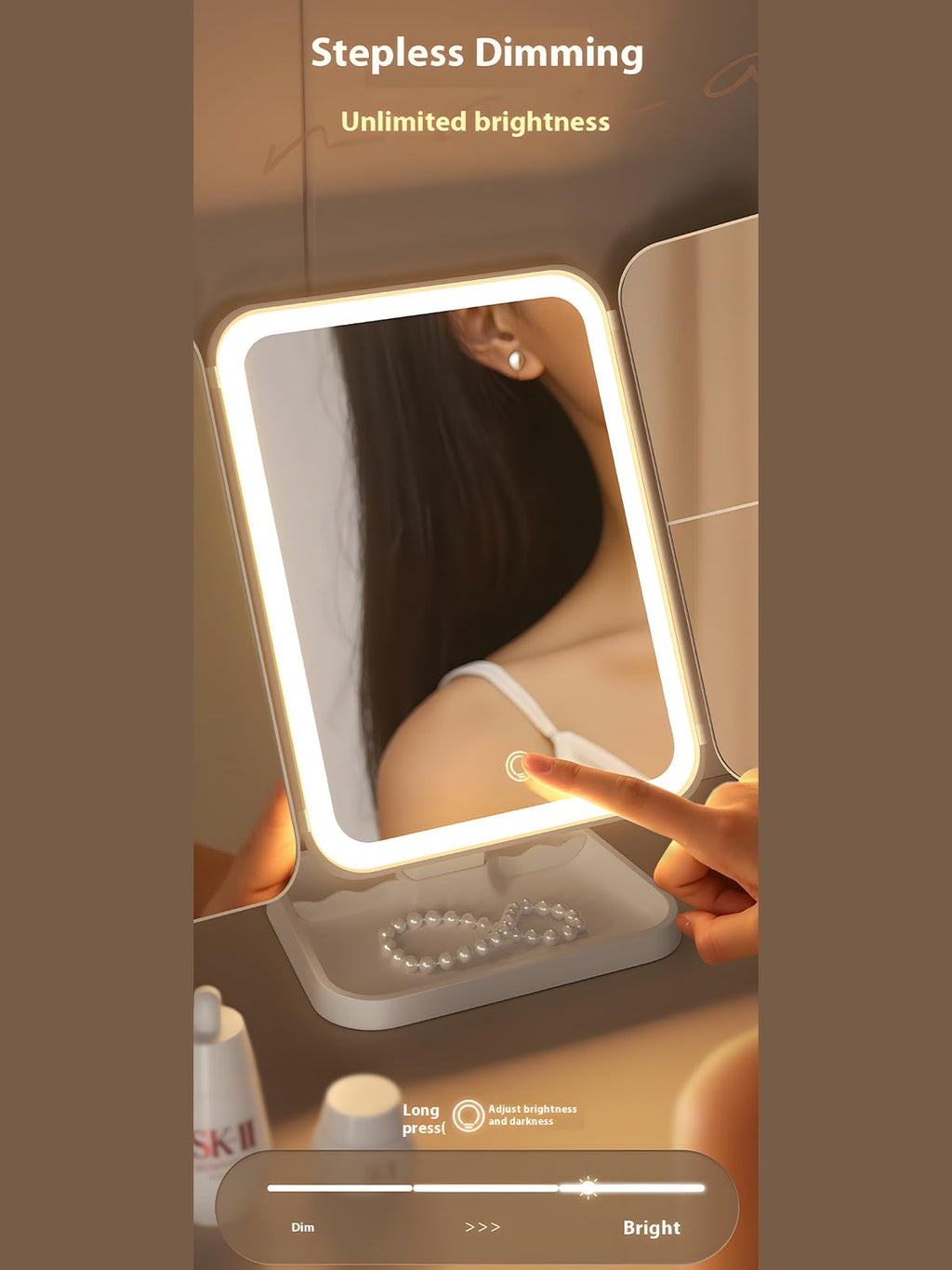 Triple fold up, Down, Left, Right Adjustment Three Light Source Makeup Mirror