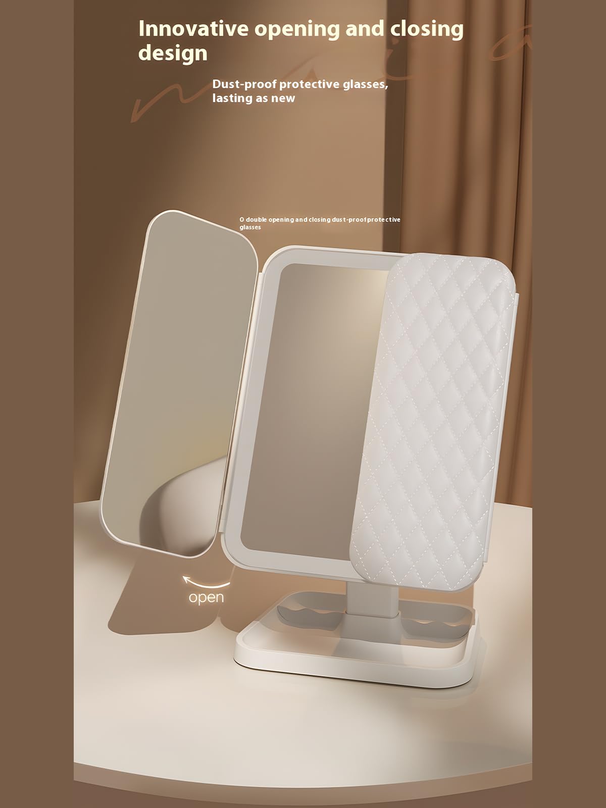 Triple fold up, Down, Left, Right Adjustment Three Light Source Makeup Mirror