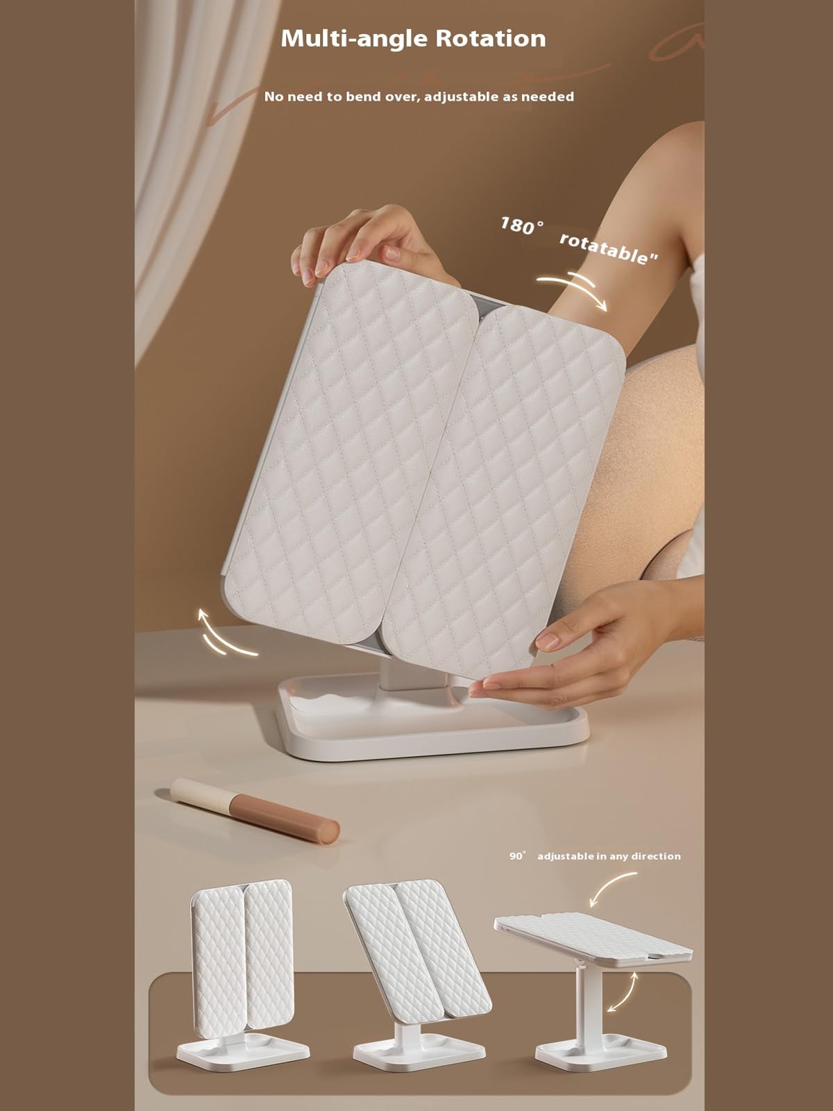 Triple fold up, Down, Left, Right Adjustment Three Light Source Makeup Mirror