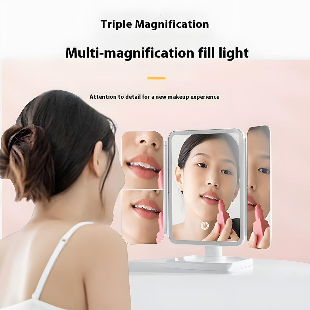 Triple fold up, Down, Left, Right Adjustment Three Light Source Makeup Mirror