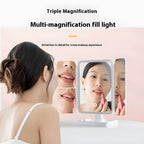 Triple fold up, Down, Left, Right Adjustment Three Light Source Makeup Mirror