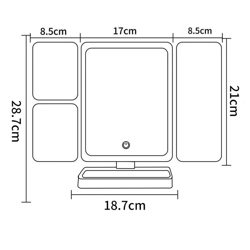 Triple fold up, Down, Left, Right Adjustment Three Light Source Makeup Mirror